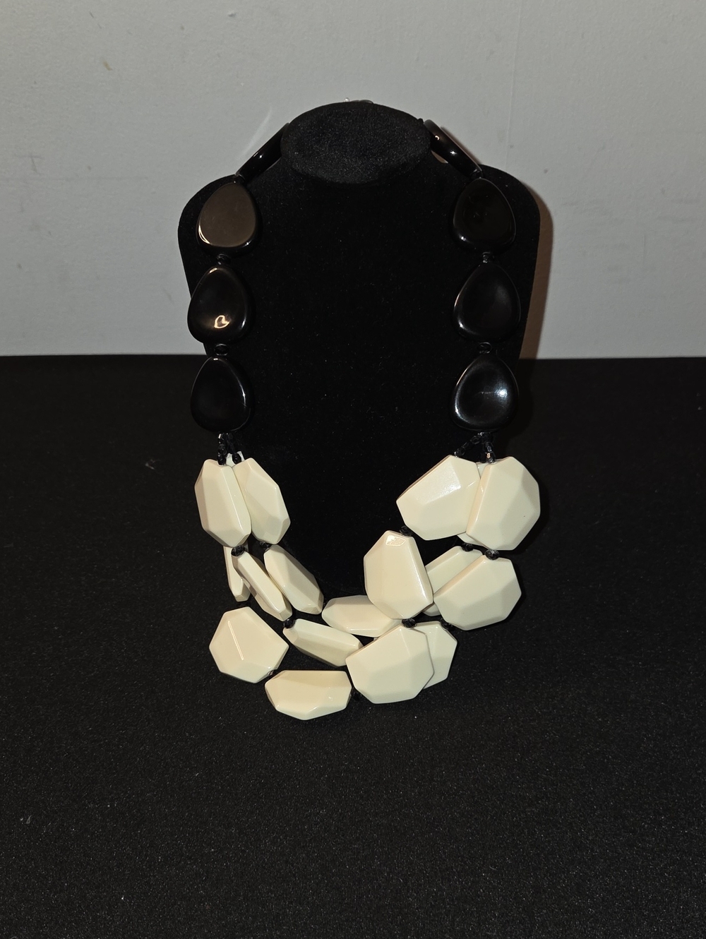 Multi-Strand Black and Cream Geometric Statement Necklace
